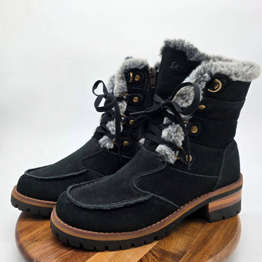Skechers Womens Size 5.5 Black Leather Faux Fur Lined Lace Up Winter Boots 44366